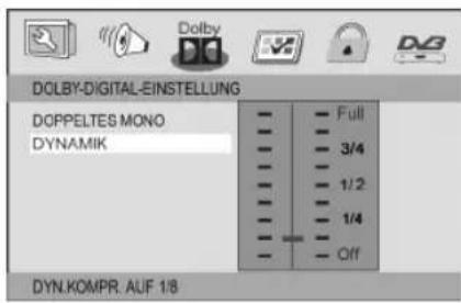 DOLBY-DIGITAL-EINSTELLUNG DOPPELTES MONO DYNAMIK Full 3/4 1/2 1/4 Off DYN.KOMPR. ALF 1/8