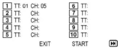 1 TT: 01 CH: 05 2 TT: CH: 3 TT: CH: 4 TT: CH: 5 TT: CH: 6 TT: 7 TT: 8 TT: 9 TT: 10 TT: EXIT START