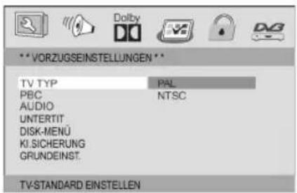 VORZUGSEINSTELLUNGEN** TV TYP PAL PBC NTSC AUDIO UNTERTIT DISK-MENÜ KI.SICHERUNG GRUNDEINST. TV-STANDARD EINSTELLEN