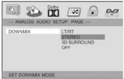 -- ANALOG AUDIO SETUP PAGE -- DOWNMIX LT/RT STEREO 3D SURROUND OFF SET DOWNMIX MODE
