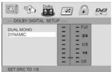DOLBY DIGITAL SETUP DUAL MONO DYNAMIC Full 3/4 1/2 1/4 Off SET DRC TO 1/8
