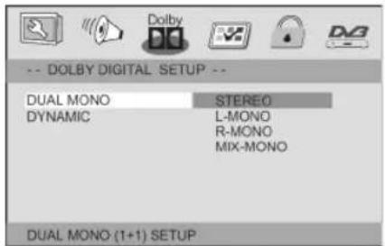 -- DOLBY DIGITAL SETUP -- DUAL MONO STEREO DYNAMIC L-MONO R-MONO MIX-MONO DUAL MONO (1+1) SETUP
