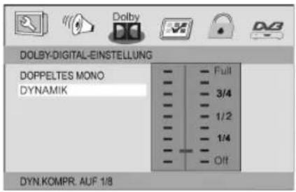 DOLBY-DIGITAL-EINSTELLUNG DOPPELTES MONO DYNAMIK Full 3/4 1/2 1/4 Off DYN.KOMPR. AUF 1/8