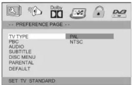 -- PREFERENCE PAGE -- TV TYPE PAL PBC NTSC AUDIO SUBTITLE DISC MENU PARENTAL DEFAULT SET TV STANDARD