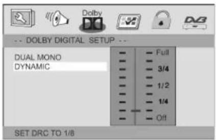 DOLBY DIGITAL SETUP DUAL MONO DYNAMIC Full 3/4 1/2 1/4 Off SET DRC TO 1/8
