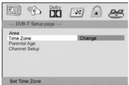 DVB-T Setup page -- Area Time Zone Change Parental Age Channel Setup Set Time Zone