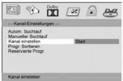 -- Kanal-Einstellungen -- Autom. Suchlauf Manueller Suchlauf Kanal einstellen Start Progr. Sortieren Reservierte Progr. Kanal einstellen
