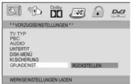 ***VORZUGSEINSTELLUNGEN ** TV TYP PBC AUDIO UNTERTIT DISK-MENÜ KLSICHERUNG GRUNDEINST. RUCKSTELLEN WERKSEINSTELLUNGEN LADEN
