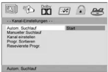 -- Kanal-Einstellungen -- Autom. Suchlauf Manueller Suchlauf Kanal einstellen Progr. Sortieren Resevierete Progr. Start Autom. Suchlauf