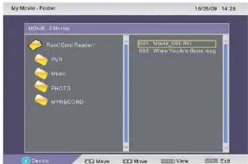 My Movie - Folder 16/05/09 14:28 MOVIE: 2 Movies Book (Card Reader) PVR Music PHOTO M\RECORD G01 - Movie_G01.AVI G02 - When You Are Done.mpg Device Move Move View Exit