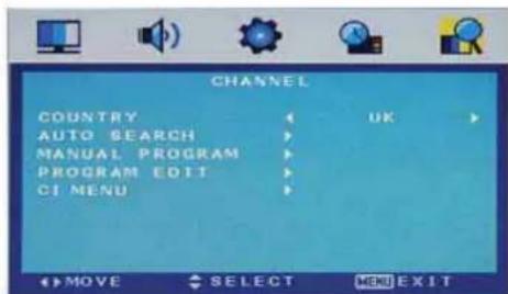 CHANNEL COUNTRY AUTO SEARCH MANUAL PROGRAM PROGRAM EDIT CI MENU UK MOVE SELECT MENU EXIT