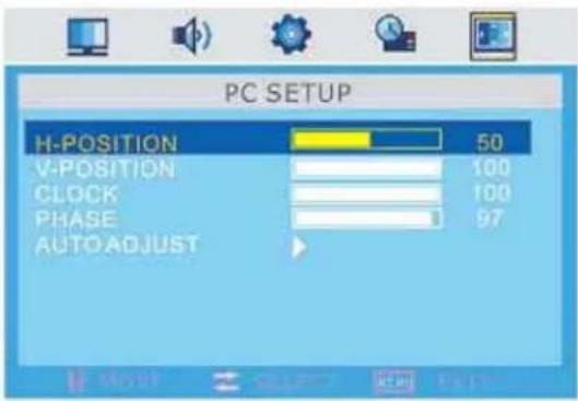 PC SETUP H-POSITION 50 V-POSITION 100 CLOCK 100 PHASE 97 AUTO ADJUST