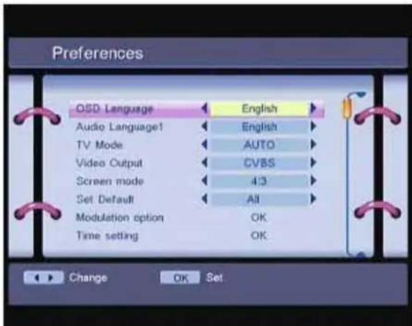 Preferences OSD Language English Audio Language1 English TV Mode AUTO Video Output CVBS Screen mode 4:3 Set Default All Modulation option OK Time setting OK Change OK Set
