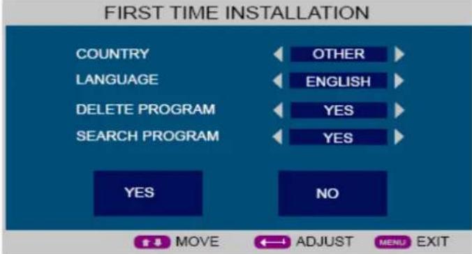 FIRST TIME INSTALLATION COUNTRY LANGUAGE DELETE PROGRAM SEARCH PROGRAM YES OTHER ENGLISH YES YES NO MOVE ADJUST MENU EXIT
