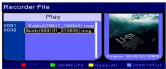 Recorder File Play 0001 Subtv(070617_195545).mpg 0002 Subtv(000101_010639).mpg Duration 06:08:02:193MB1 Play Delete One Delete All Zoom In/Out