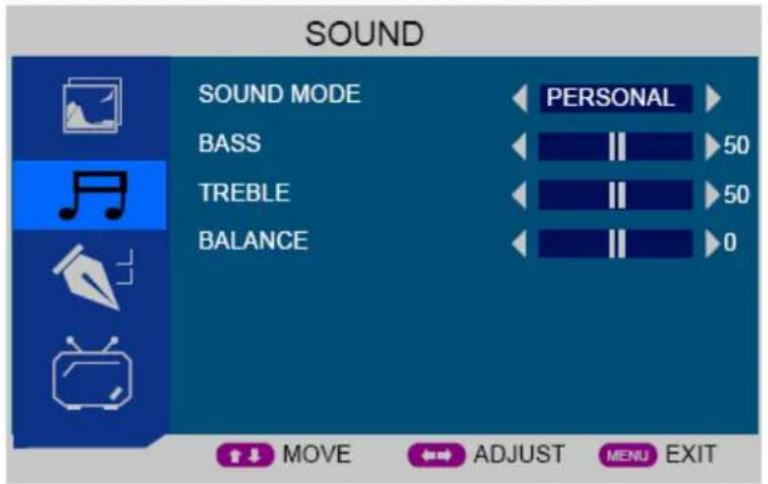 SOUND SOUND MODE BASS TREBLE BALANCE PERSONAL 50 50 0 MOVE ADJUST MENU EXIT