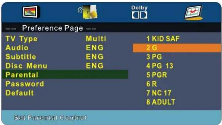 -- Preference Page -- TV Type Multi 1 KID SAF Audio ENG 2 G Subtitle ENG 3 PG Disc Menu ENG 4 PG 13 Parental 5 PGR Password 6 R Default 7 NC 17 8 ADULT Set Parental Control
