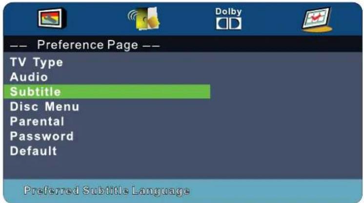 -- Preference Page -- TV Type Audio Subtitle Disc Menu Parental Password Default Preferred Subtitle Language