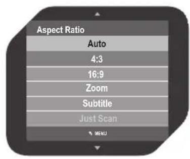 Aspect Ratio Auto 4:3 16:9 Zoom Subtitle Just Scan % MENU