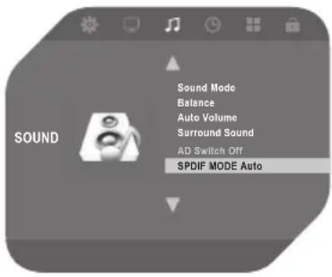 Sound Sound Mode Balance Auto Volume Surround Sound AD Switch Off SPDIF MODE Auto
