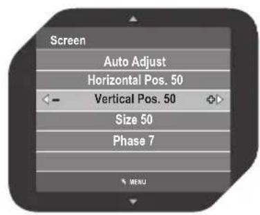 Screen Auto Adjust Horizontal Pos. 50 Vertical Pos. 50 Size 50 Phase 7 MENU