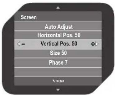 Screen Auto Adjust Horizontal Pos. 50 Vertical Pos. 50 Size 50 Phase 7 MENU