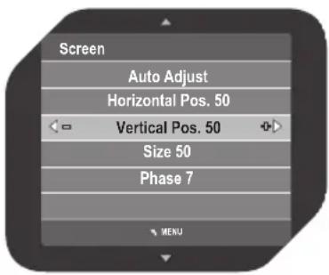 Screen Auto Adjust Horizontal Pos. 50 Vertical Pos. 50 Size 50 Phase 7 MENU