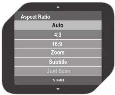 Aspect Ratio Auto 4:3 16:9 Zoom Subtitle Just Scan MENU