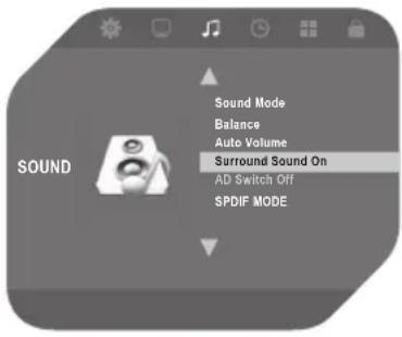 Sound Sound Mode Balance Auto Volume Surround Sound On AD Switch Off SPDIF MODE