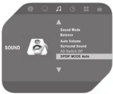 Sound Sound Mode Balance Auto Volume Surround Sound AD Switch Off SPDIF MODE Auto
