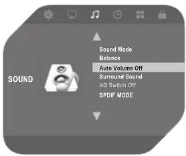 Sound Sound Mode Balance Auto Volume Off Surround Sound AD Switch Off SPDIF MODE