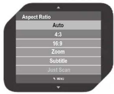 Aspect Ratio Auto 4:3 16:9 Zoom Subtitle Just Scan % MENU