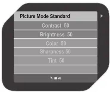 Picture Mode Standard Contrast 50 Brightness 50 Color 50 Sharpness 50 Tint 50 MENU