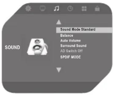 Sound Mode Standard Balance Auto Volume Surround Sound AD Switch Off SPDIF MODE