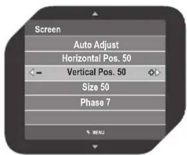 Screen Auto Adjust Horizontal Pos. 50 Vertical Pos. 50 Size 50 Phase 7 MENU