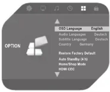 OPTION OSD Language English Audio Languages Deutsch Subtitle Language Deutsch Country Germany Restore Factory Default Auto Standby (4 h) Home/Shop Mode HDMI CEC
