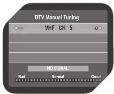 DTV Manual Tuning VHF CH 5 NO SIGNAL Bad Normal Good