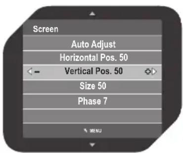 Screen Auto Adjust Horizontal Pos. 50 Vertical Pos. 50 Size 50 Phase 7 MENU