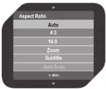 Aspect Ratio Auto 4:3 16:9 Zoom Subtitle Just Scan MENU