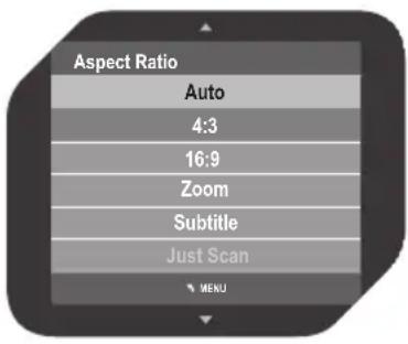 Aspect Ratio Auto 4:3 16:9 Zoom Subtitle Just Scan MENU
