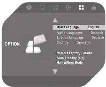 OPTION OSD Language English Audio Languages Deutsch Substitute Language Deutsch Country Germany Restore Factory Default Auto Standby (4 h) Home/Shop Mode