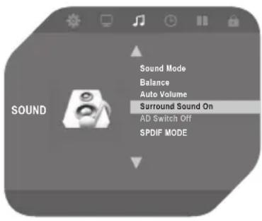 Sound Sound Mode Balance Auto Volume Surround Sound On AD Switch Off SPDIF MODE