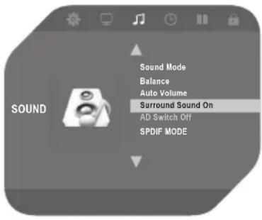 Sound Sound Mode Balance Auto Volume Surround Sound On AD Switch Off SPDIF MODE