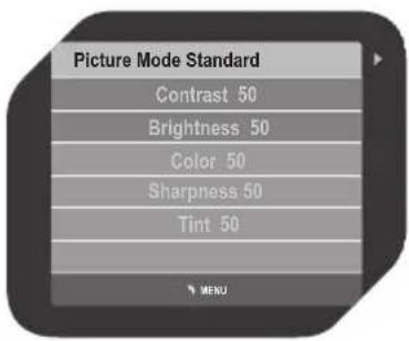 Picture Mode Standard Contrast 50 Brightness 50 Color 50 Sharpness 50 Tint 50 MENU