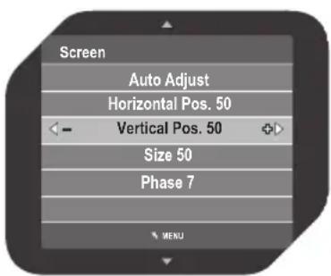 Screen Auto Adjust Horizontal Pos. 50 Vertical Pos. 50 Size 50 Phase 7 MENU