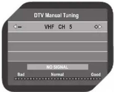 DTV Manual Tuning VHF CH 5 NO SIGNAL Bad Normal Good