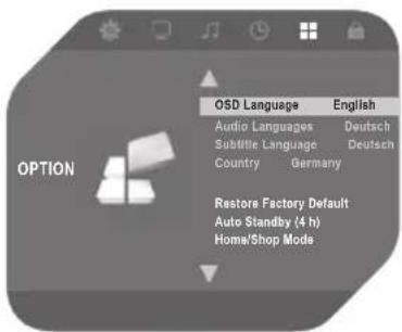 OPTION OSD Language English Audio Languages Deutsch Substitute Language Deutsch Country Germany Restore Factory Default Auto Standby (4 h) Home/Shop Mode