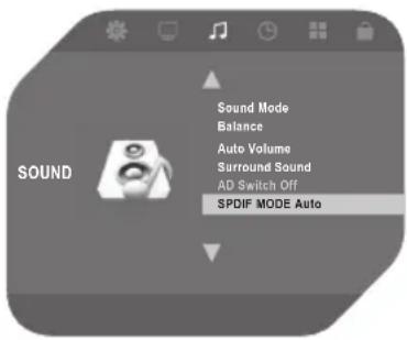 Sound Sound Mode Balance Auto Volume Surround Sound AD Switch Off SPDIF MODE Auto