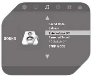 Sound Sound Mode Balance Auto Volumes Off Surround Sound AD Switch Off SPDIF MODE