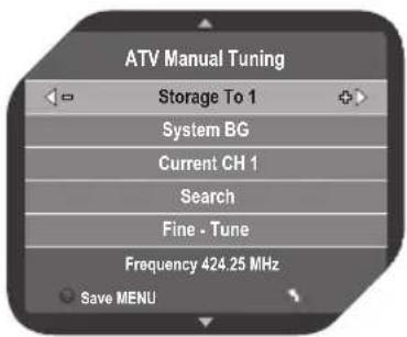ATV Manual Tuning Storage To 1 System BG Current CH 1 Search Fine - Tune Frequency 424.25 MHz Save MENU
